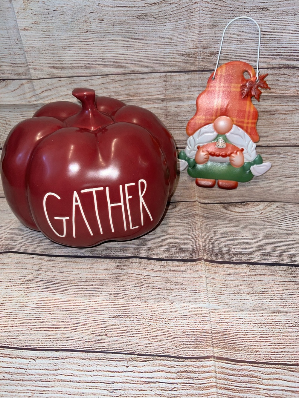 RAE DUNN Autumn Red "Gather" Pumpkin Decor - Home Holiday Accent